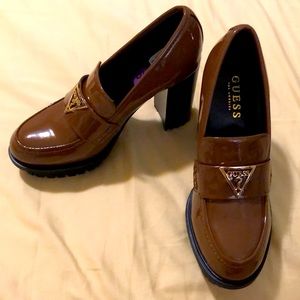 Guess Embers Chunky Loafers Lt Brown Vegan Leather High Heel W/Platform NWOT 6.5